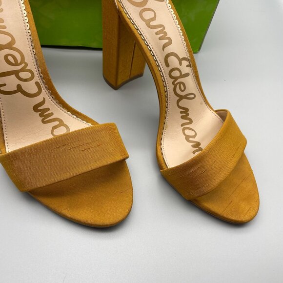 Sam Edelman Sz 10 Mustard Yellow Strappy Block Yaro Heel Satin Wedding Guest - Picture 2 of 9